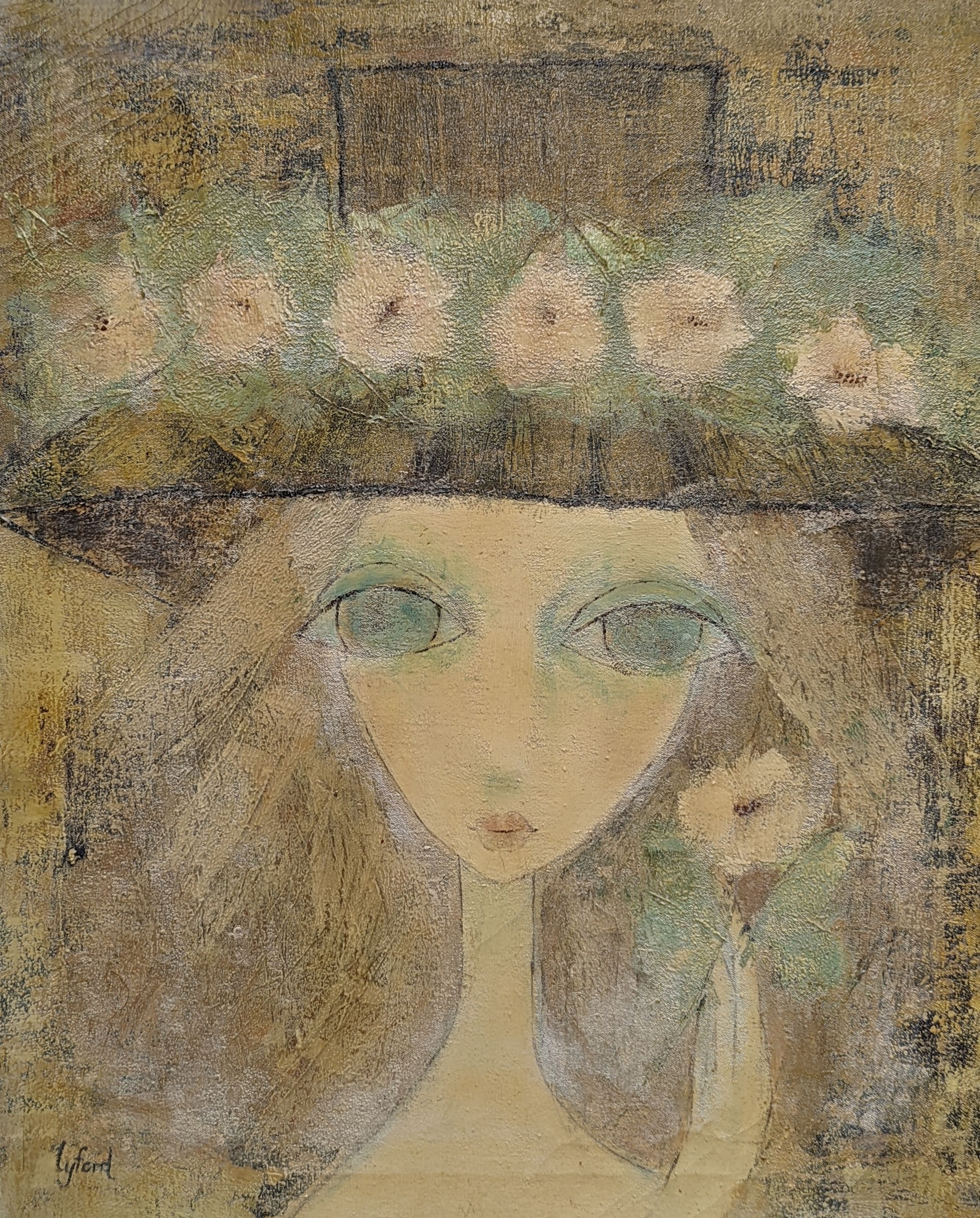 Philip Lyford (1887-1950), oil on canvas, Portrait of a girl wearing a wide brimmed bonnet, oil on canvas, signed, 60 x 50cm